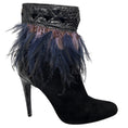 Load image into Gallery viewer, Christian Dior Black / Purple / Blue Feather Embellished Suede Ankle Booties with Embossed Trim
