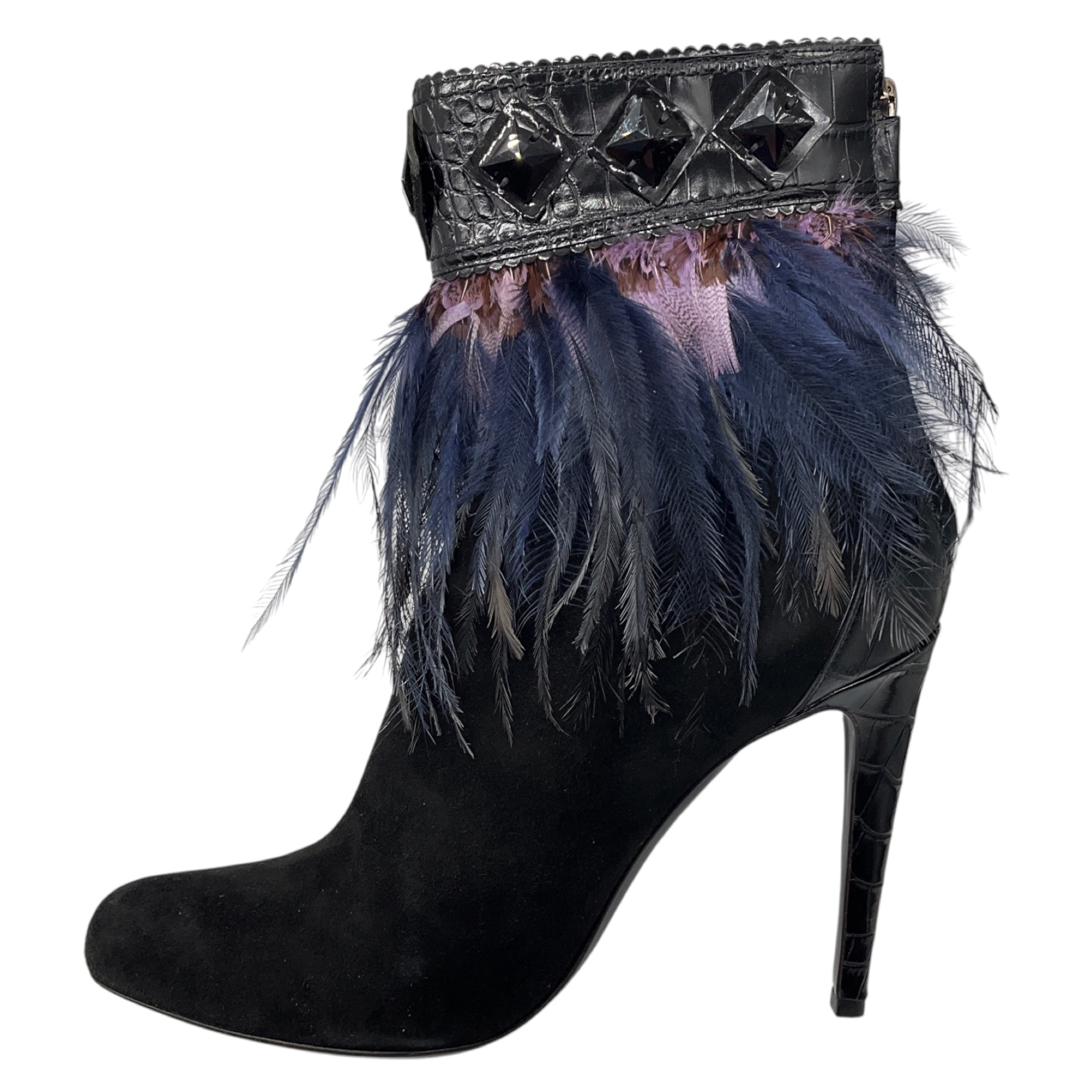 Christian Dior Black / Purple / Blue Feather Embellished Suede Ankle Booties with Embossed Trim