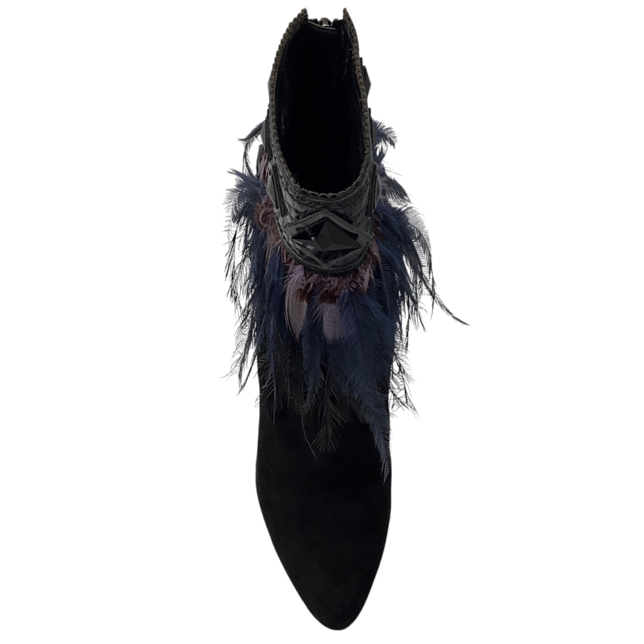 Christian Dior Black / Purple / Blue Feather Embellished Suede Ankle Booties with Embossed Trim