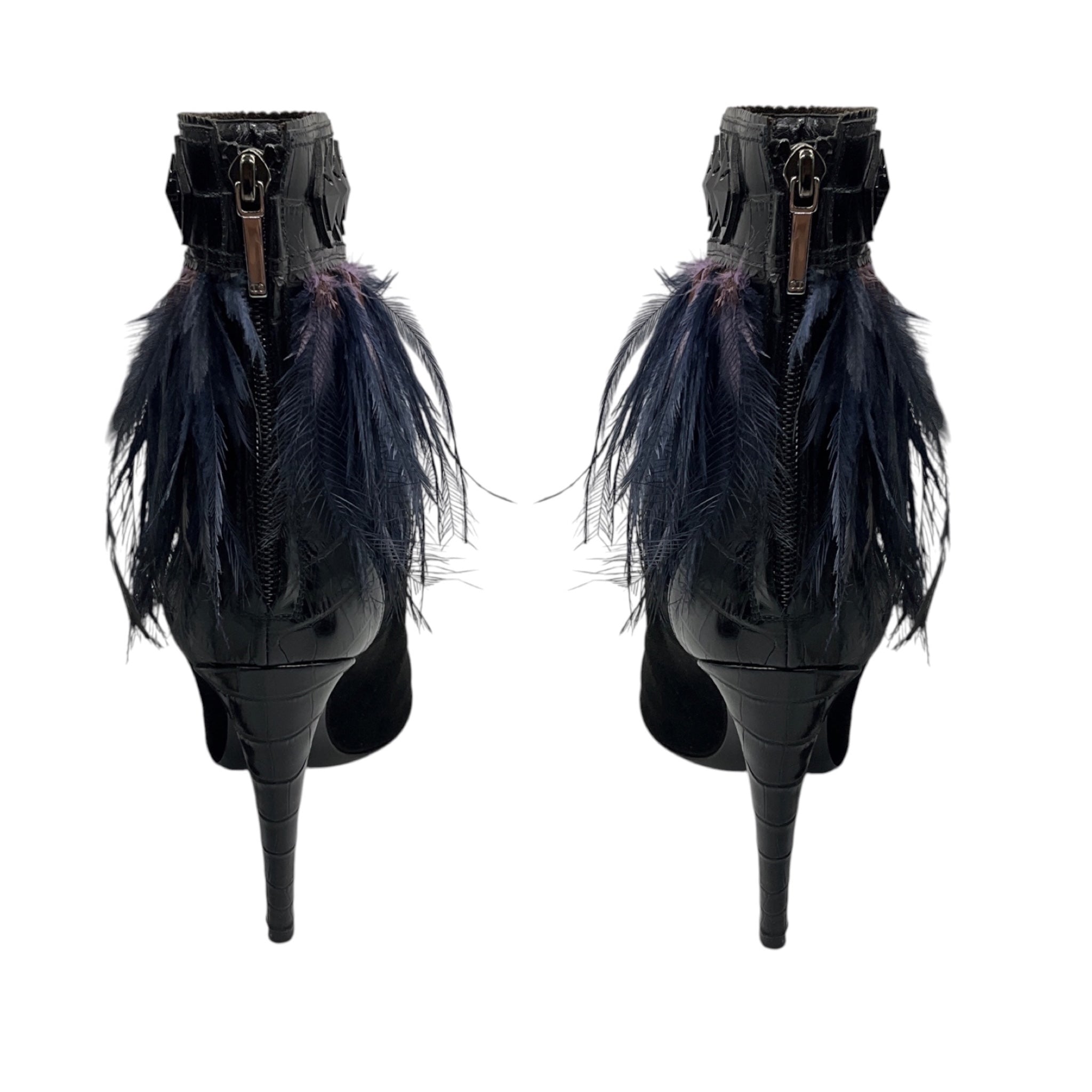 Christian Dior Black / Purple / Blue Feather Embellished Suede Ankle Booties with Embossed Trim