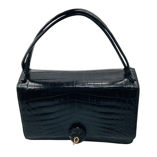 Judith Leiber Vintage Black Embossed Leather Mini Evening Bag with Crystal Bird Embellishment