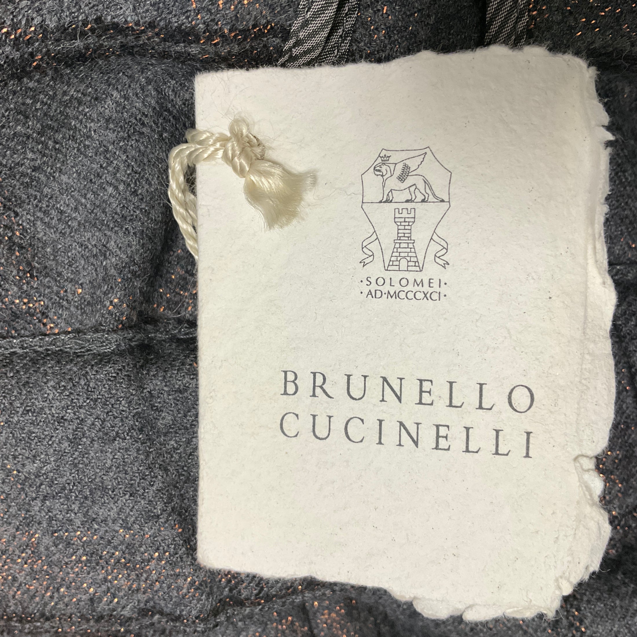 Brunello Cucinelli Medium Grey Lurex Windowpane Tie Pull On Pant