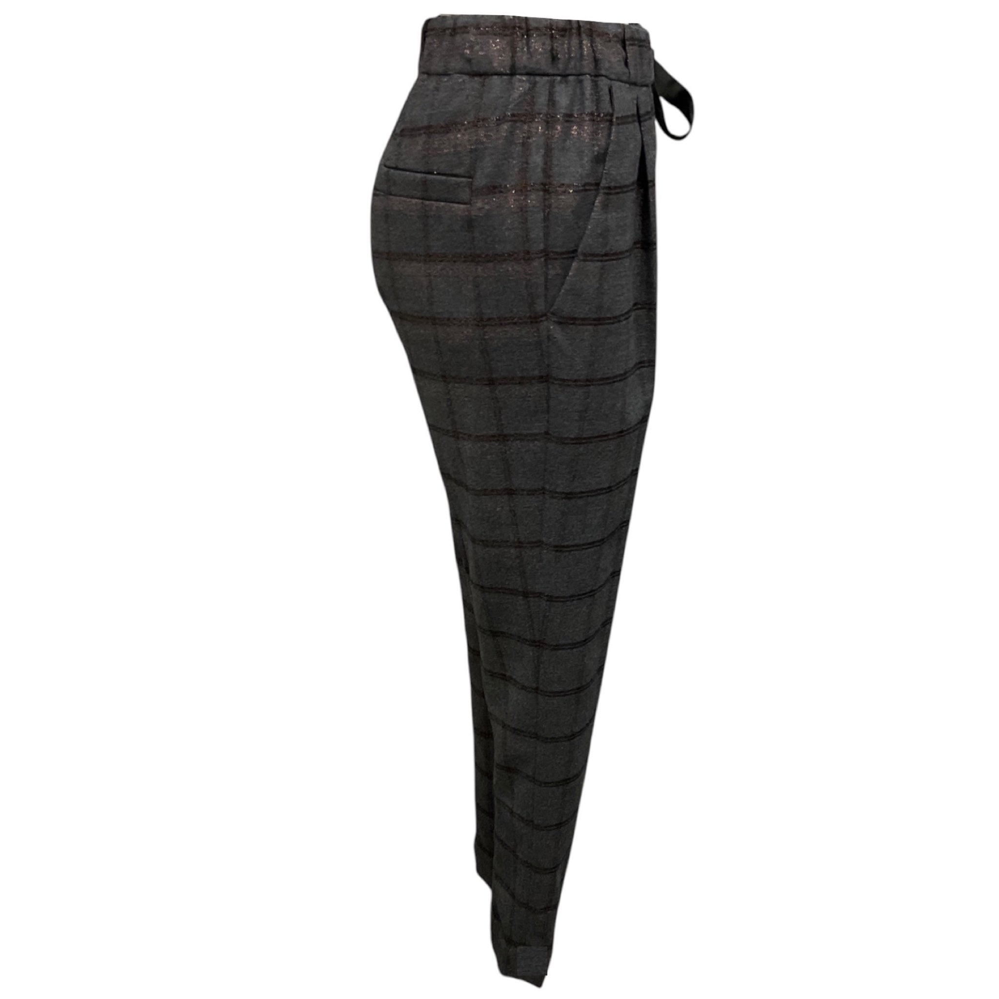 Brunello Cucinelli Medium Grey Lurex Windowpane Tie Pull On Pant