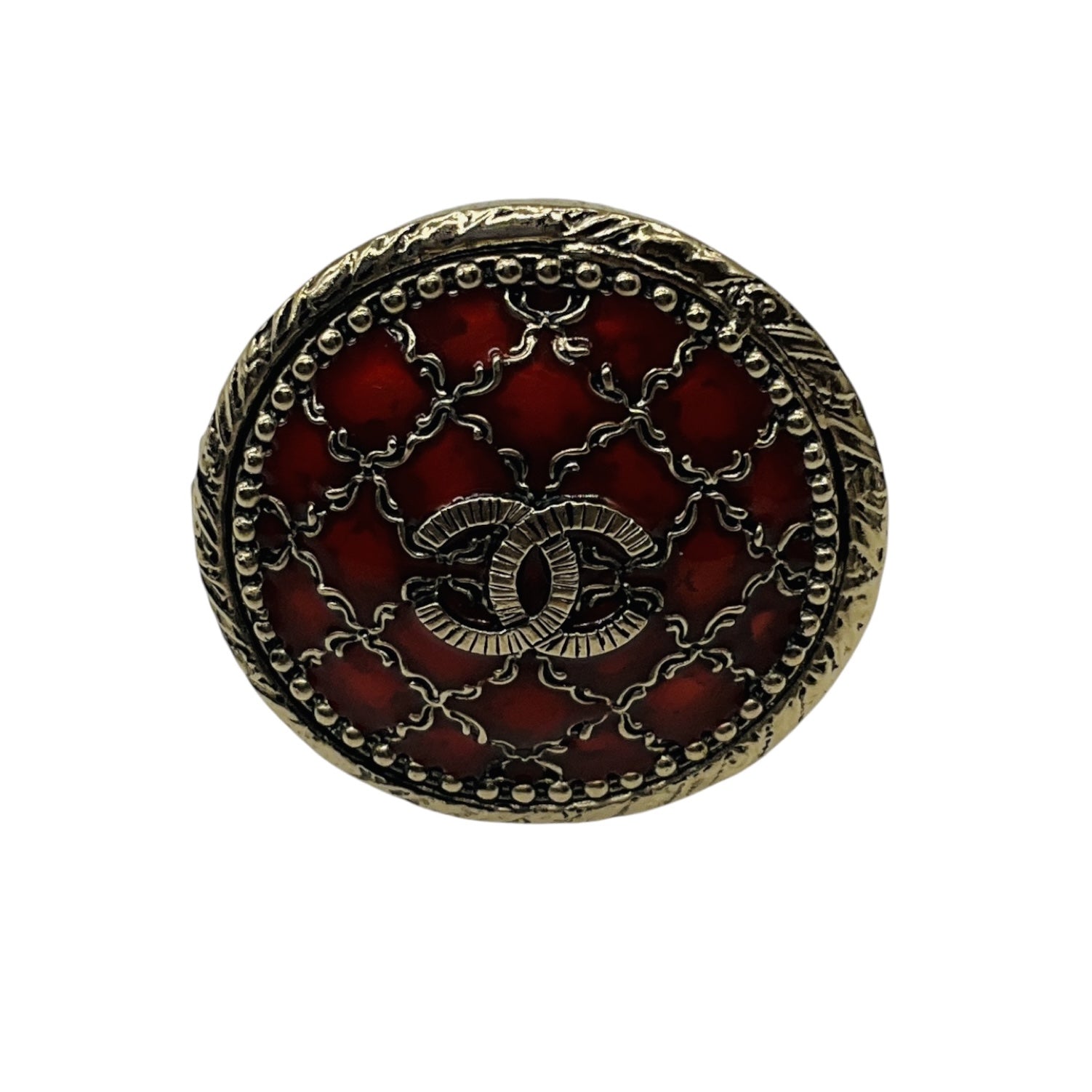 Chanel 2010 Red / Brushed Gold CC Logo Circular Enamel Locket Ring
