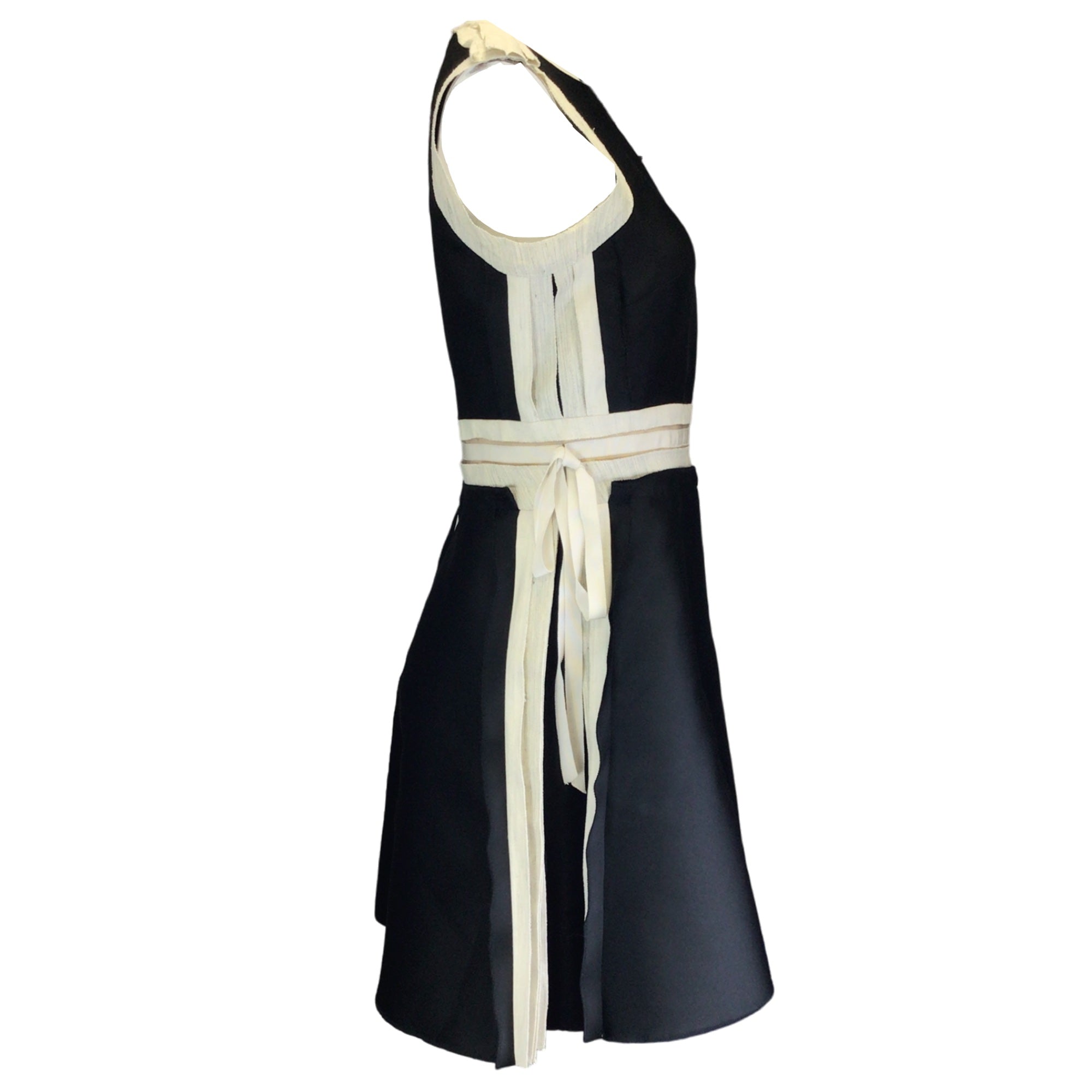 Lanvin Black / Beige Grosgrain Trimmed Sleeveless Satin Dress