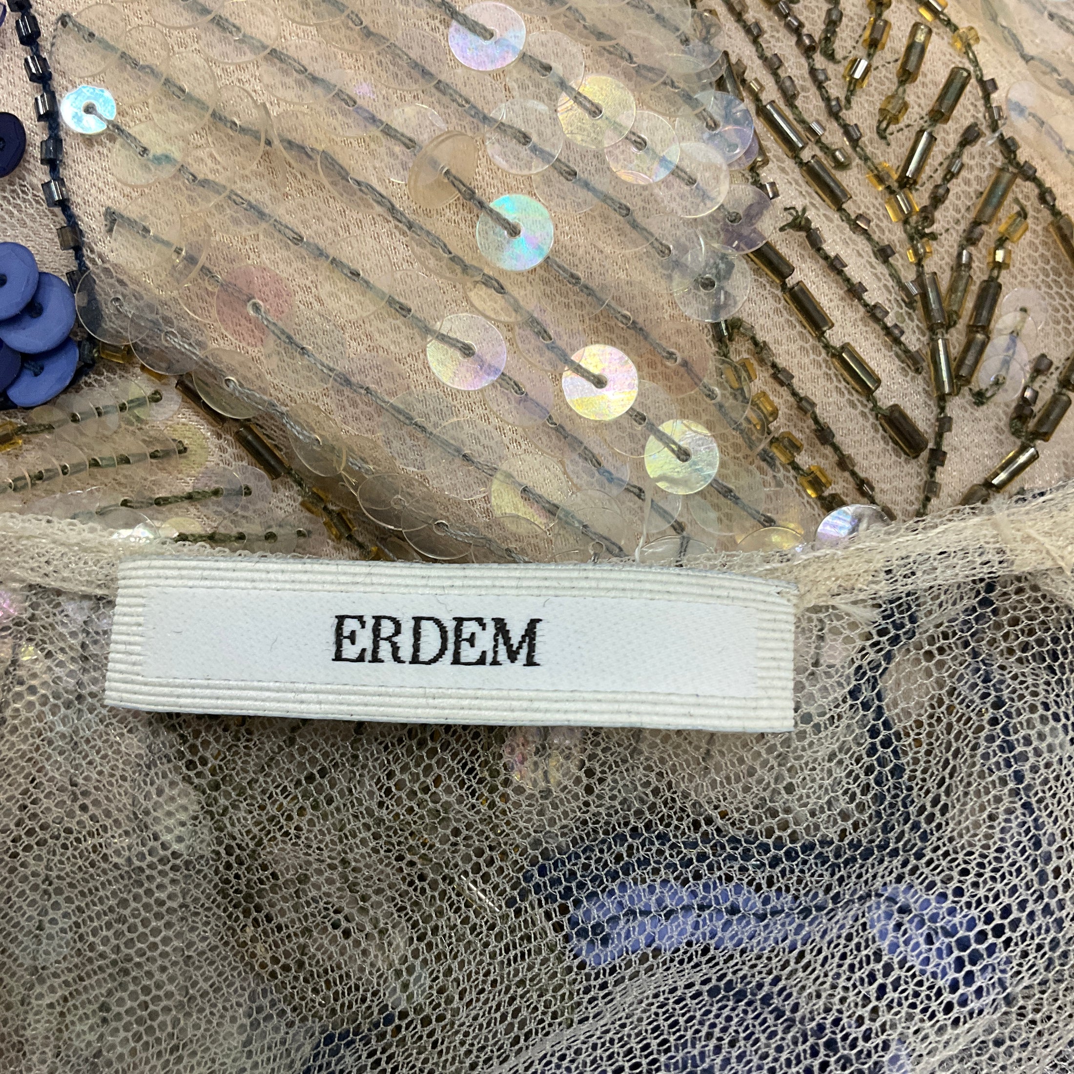Erdem Beige / Blue Long Sleeved Beaded and Sequined Gown / Formal Dress
