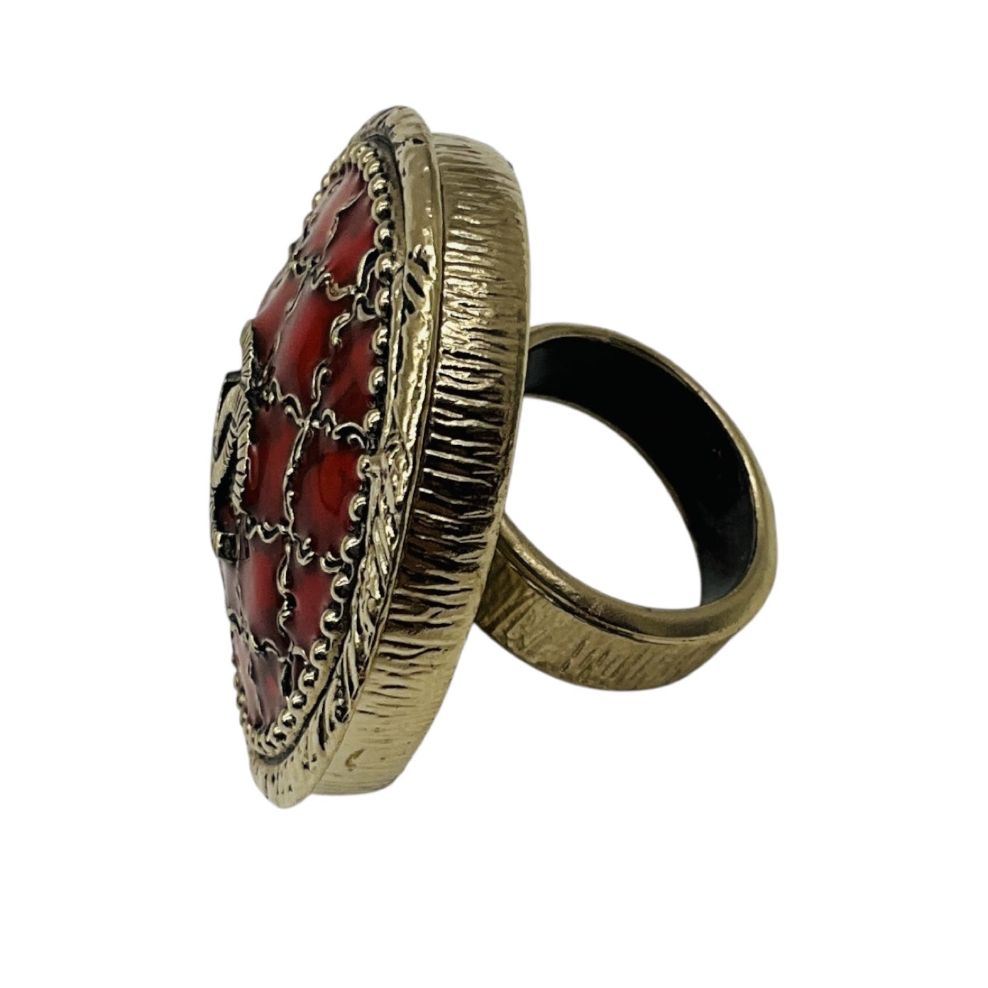 Chanel 2010 Red / Brushed Gold CC Logo Circular Enamel Locket Ring
