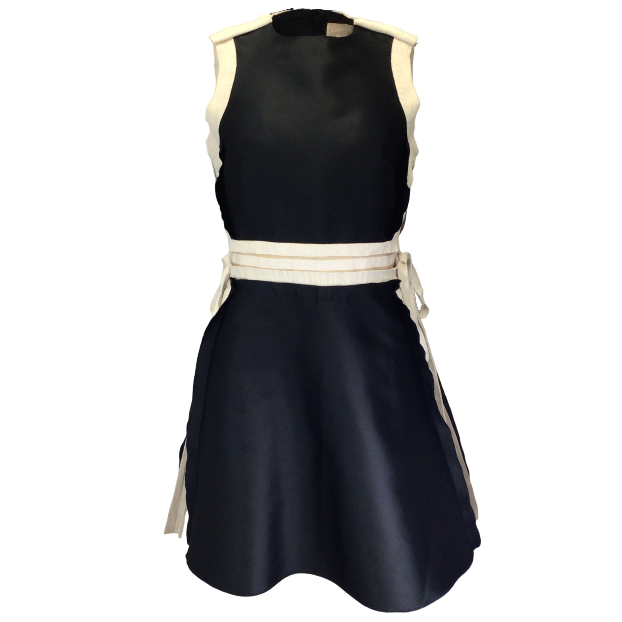 Lanvin Black / Beige Grosgrain Trimmed Sleeveless Satin Dress