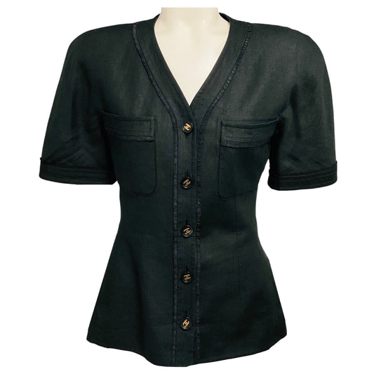 Chanel Boutique Vintage 1994 Black / Gold CC Logo Button Short Sleeved Silk Lined Linen Blazer