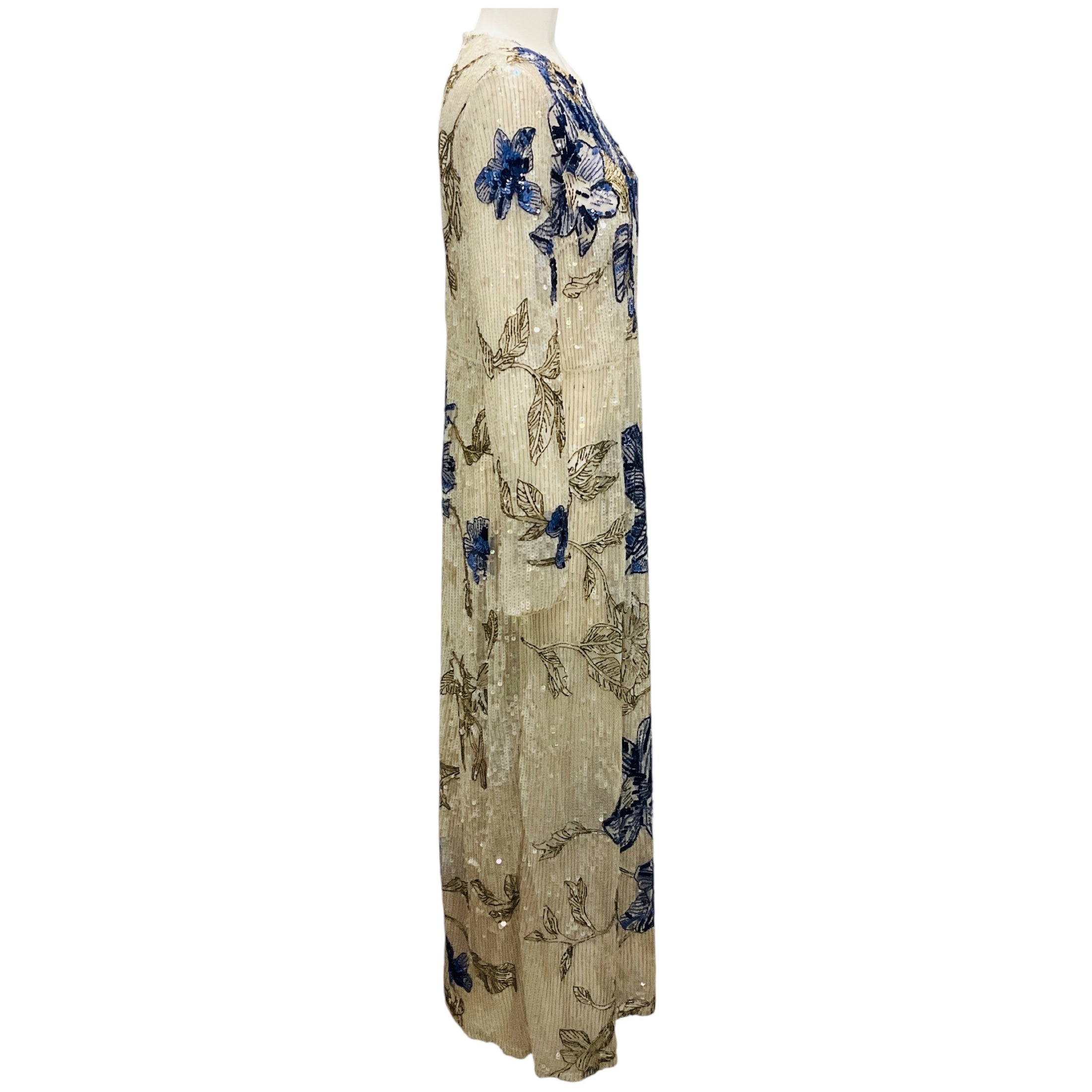 Erdem Beige / Blue Long Sleeved Beaded and Sequined Gown / Formal Dress