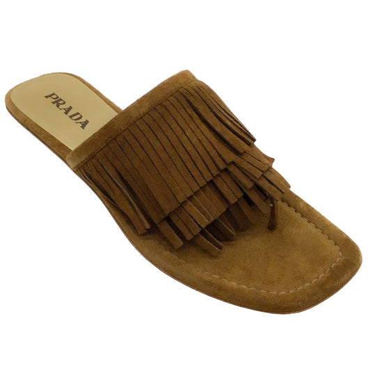 Prada Brown Suede Fringe Flat Sandals
