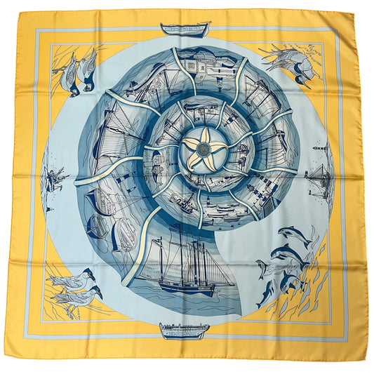 Hermes Yellow / Blue Compagnons de Mer Print Square Silk Twill Scarf