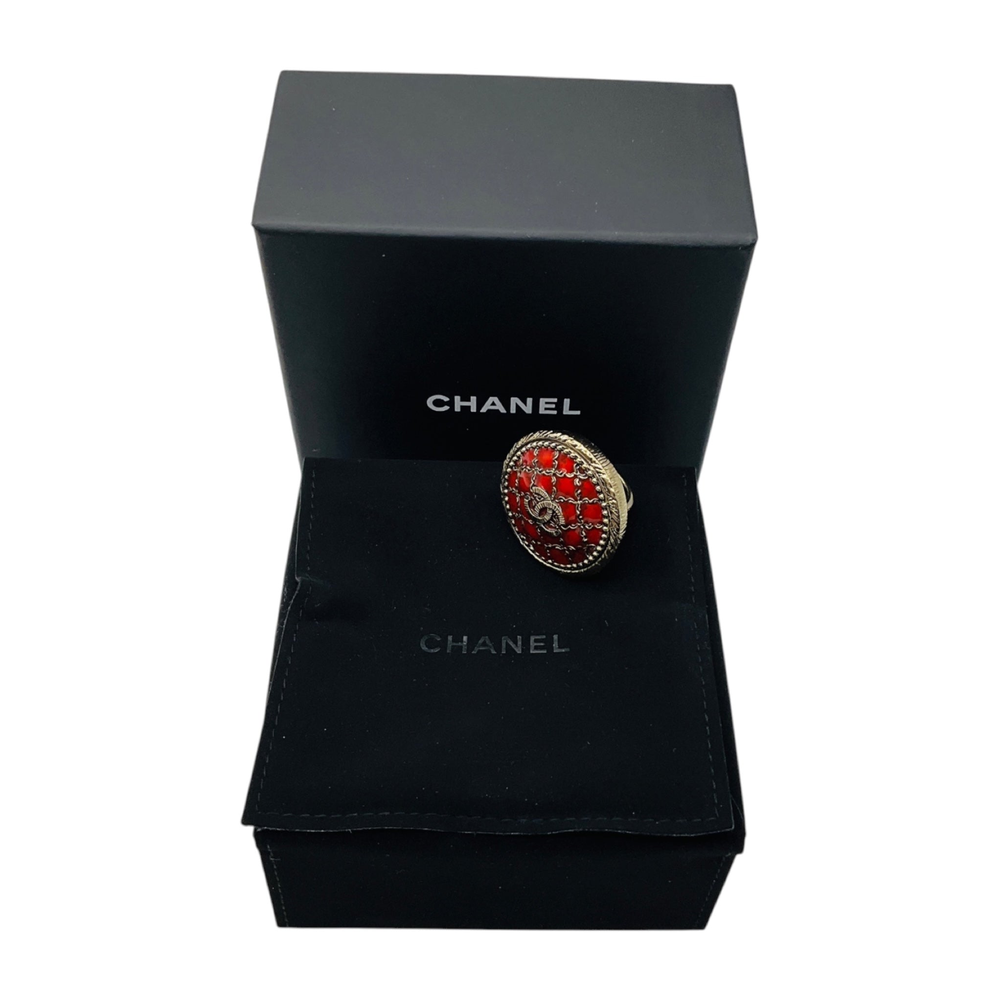 Chanel 2010 Red / Brushed Gold CC Logo Circular Enamel Locket Ring