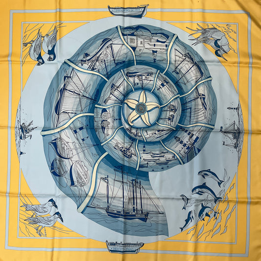Hermes Yellow / Blue Compagnons de Mer Print Square Silk Twill Scarf