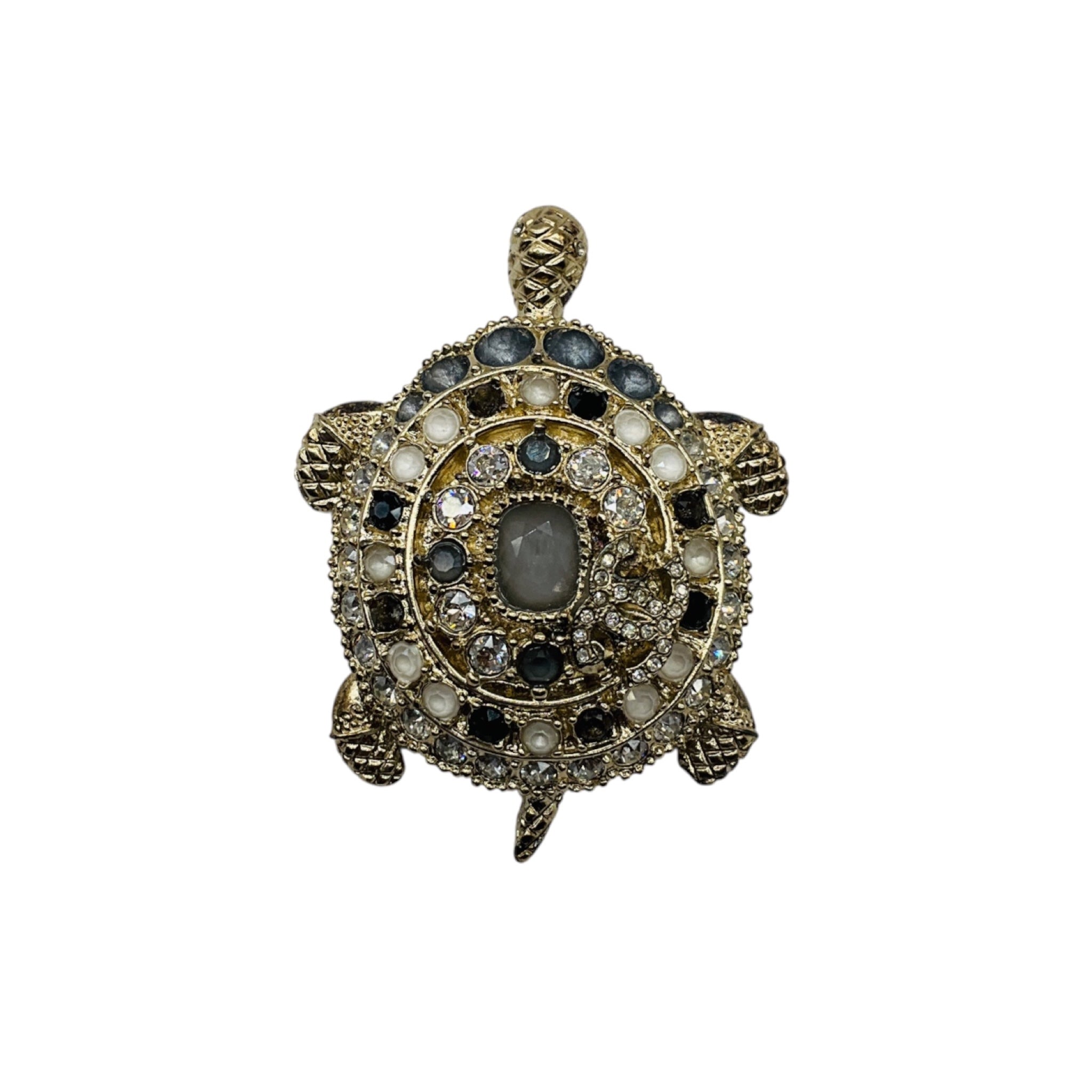 Chanel 2019 CC Logo Strass Crystal Embellished Light Gold Turtle Brooch