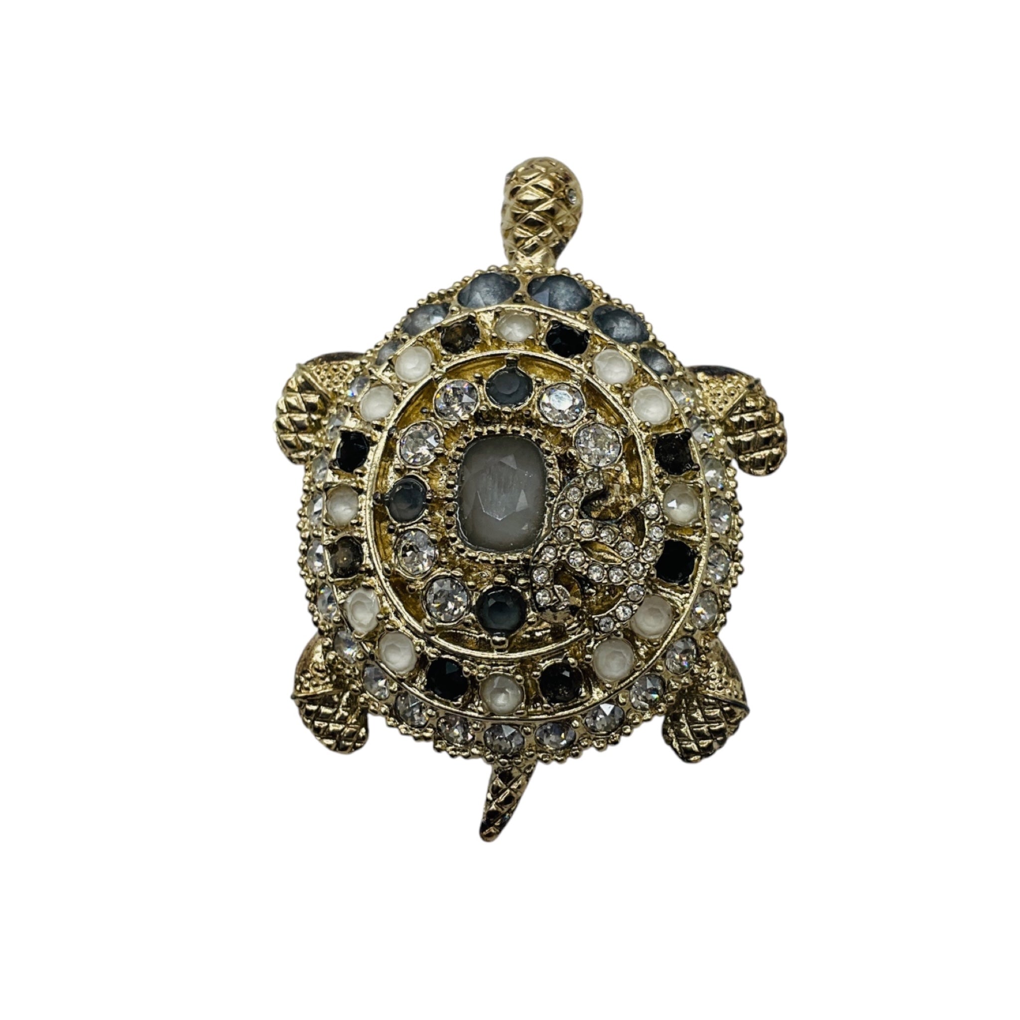 Chanel 2019 CC Logo Strass Crystal Embellished Light Gold Turtle Brooch