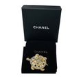 Load image into Gallery viewer, Chanel 2019 CC Logo Strass Crystal Embellished Light Gold Turtle Brooch
