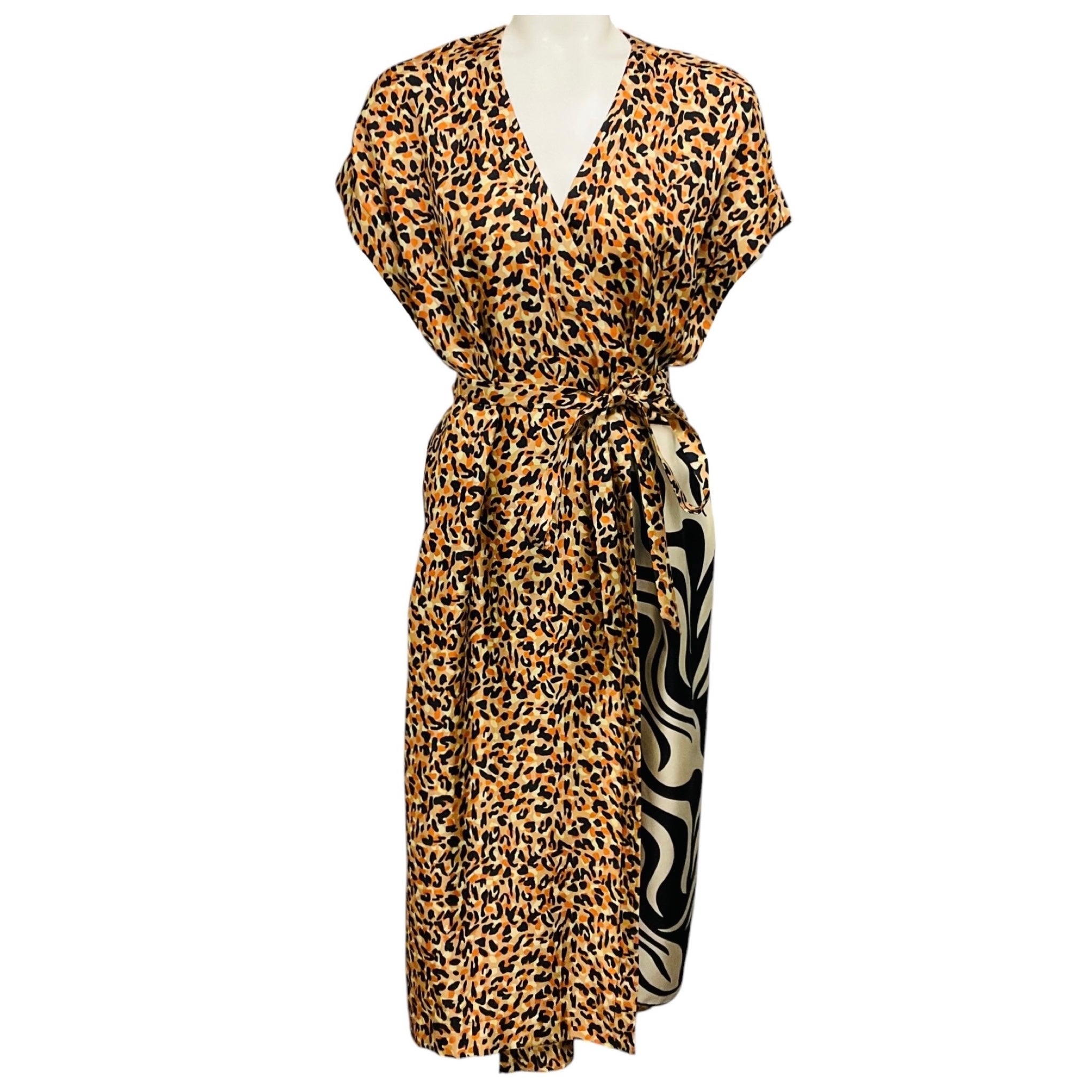 Dries Van Noten Orange / Tan / Black Multi Leopard Print Silk Wrap Midi Dress