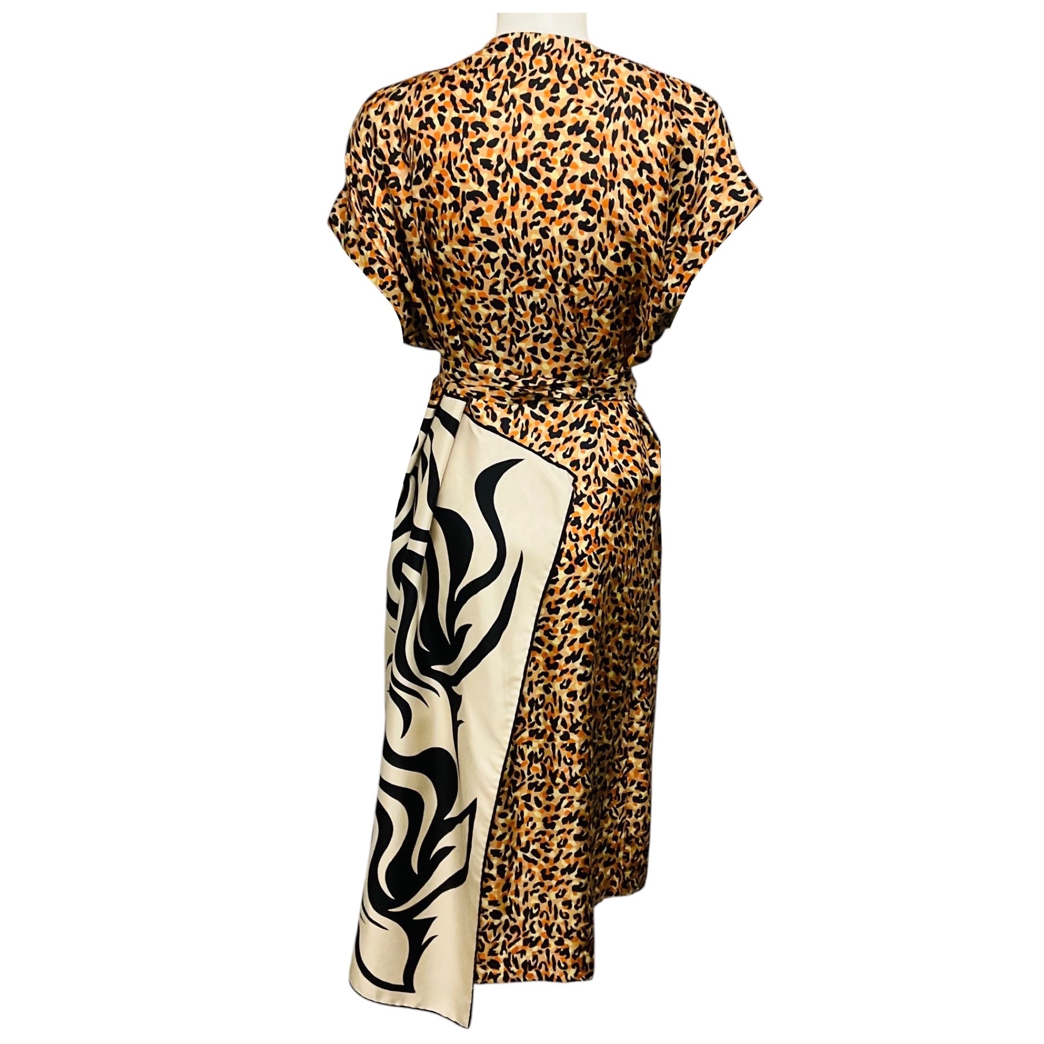 Dries Van Noten Orange / Tan / Black Multi Leopard Print Silk Wrap Midi Dress