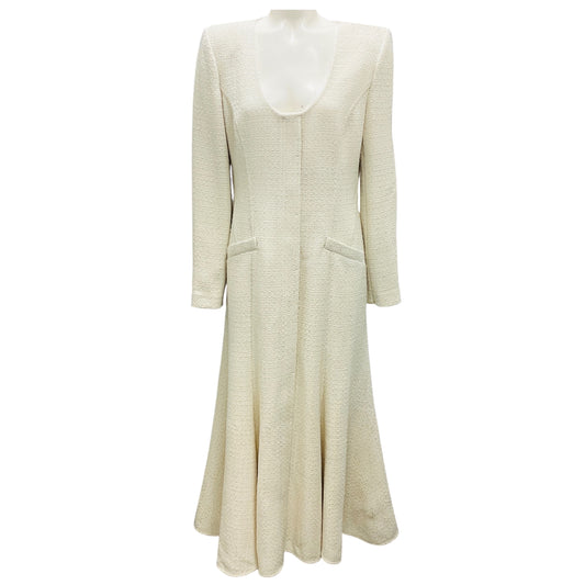 Roland Mouret Cream Long Sleeve Boucle Midi Dress