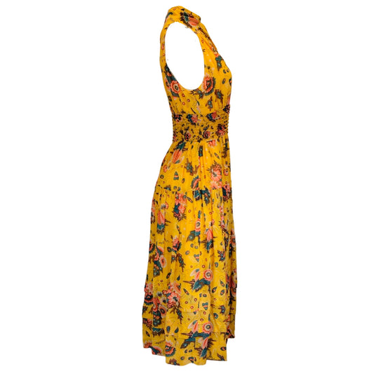 Ulla Johnson Mustard Silk Georgette Waterlily Print Maya Midi Dress