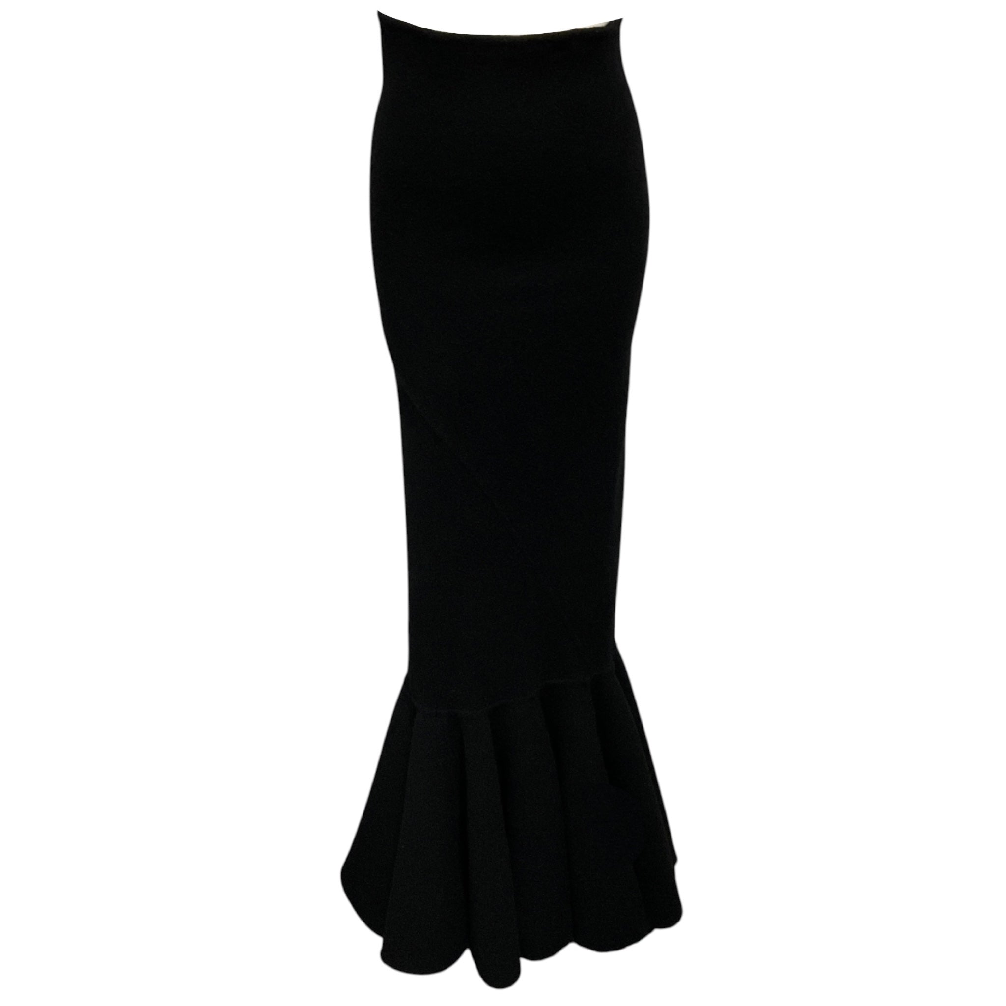 Rick Owens Black Luxor Collection High Waisted Cashmere Long Maxi Skirt with Flared Hem