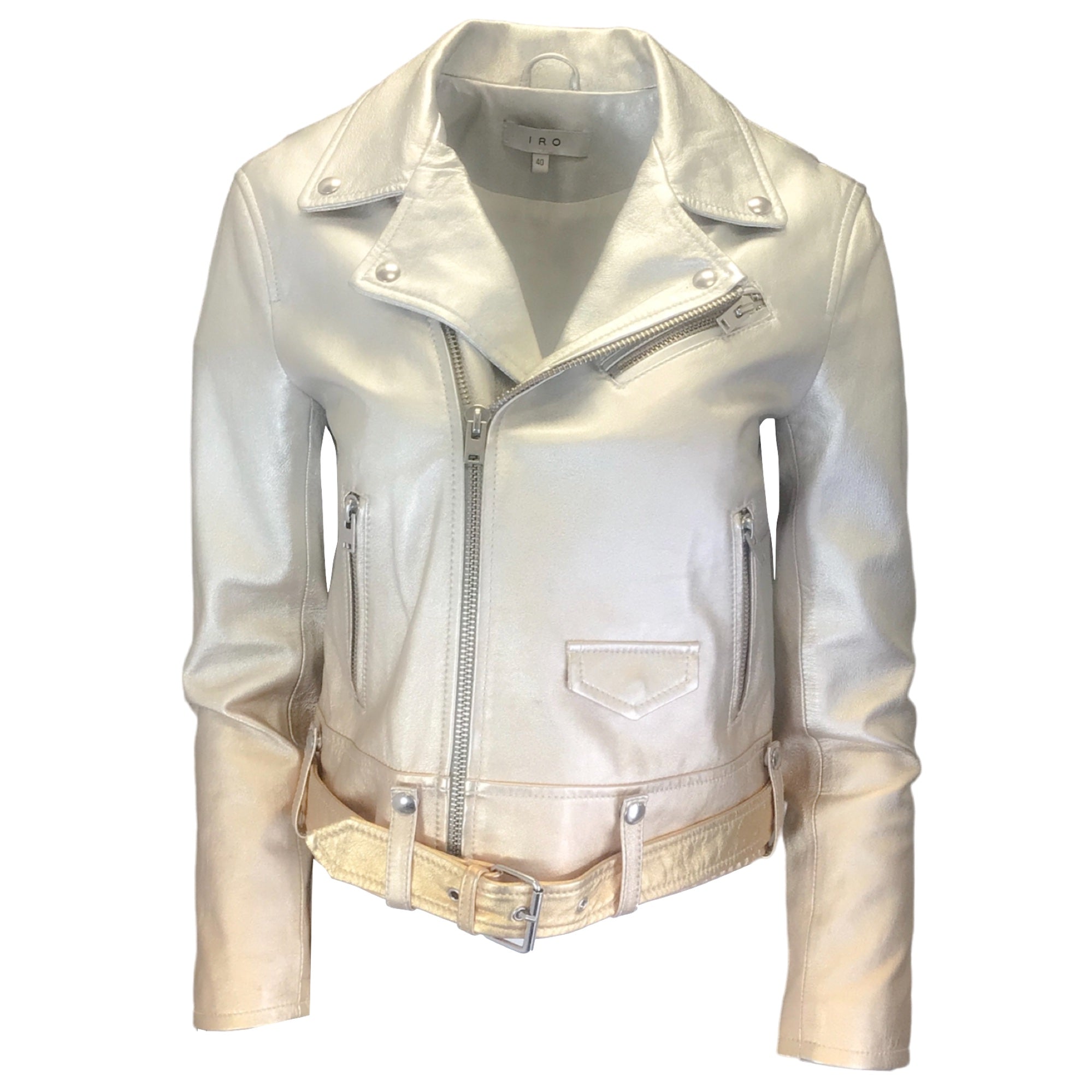 IRO Silver / Gold Metallic Ombre Effect Moto Zip Lambskin Leather Calum Jacket
