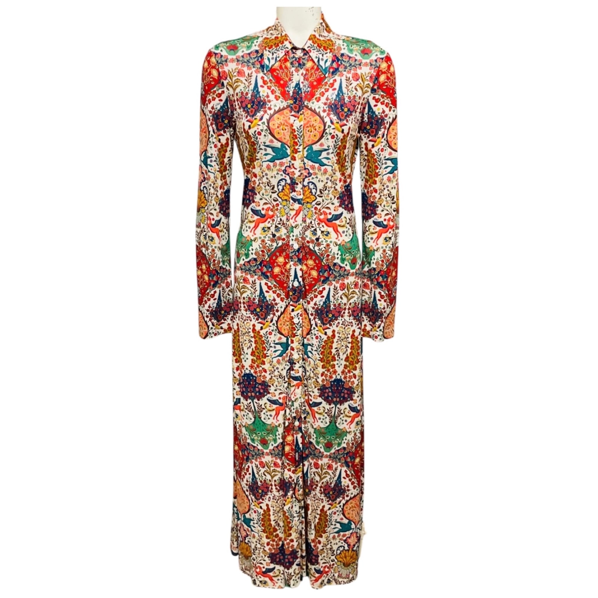 Etro Ivory / Red Multi Printed Long Sleeved Button Front Shirtdress Maxi Dress