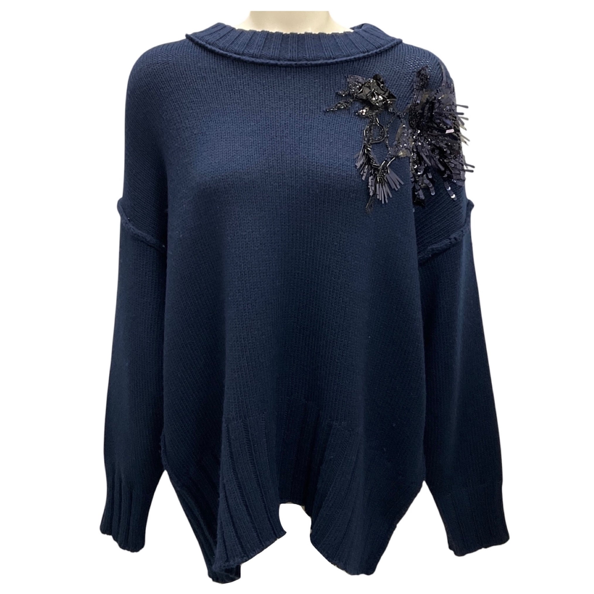 Jason Wu Collection Navy Embellished Merino Wool Knit Sweater