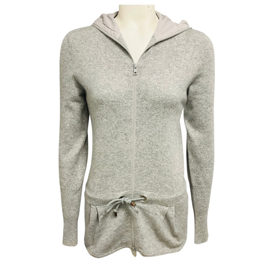 Brunello Cucinelli Heather Grey Hooded Cashmere Knit Zip Front Sweater with Drawstring Ties