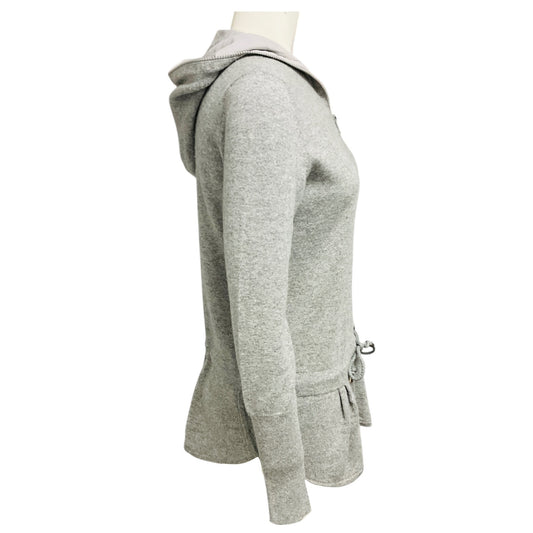 Brunello Cucinelli Heather Grey Hooded Cashmere Knit Zip Front Sweater with Drawstring Ties