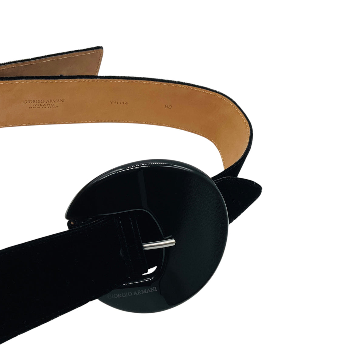 Giorgio Armani Black Velvet and Leather Belt with Round Lucite Buckles