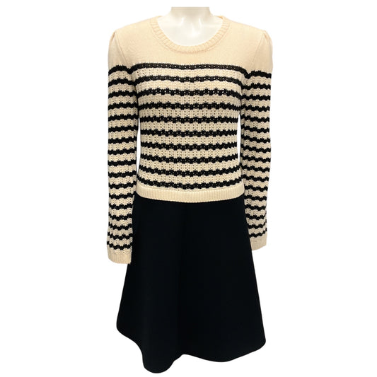 RED Valentino Ivory / Black Striped Wool Knit and Crepe Dress
