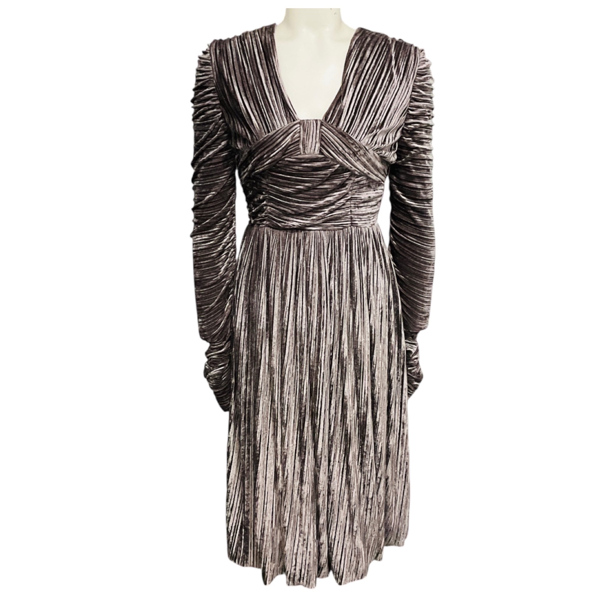 Burberry Taupe Long Sleeved Ribbed Velvet Midi Dress