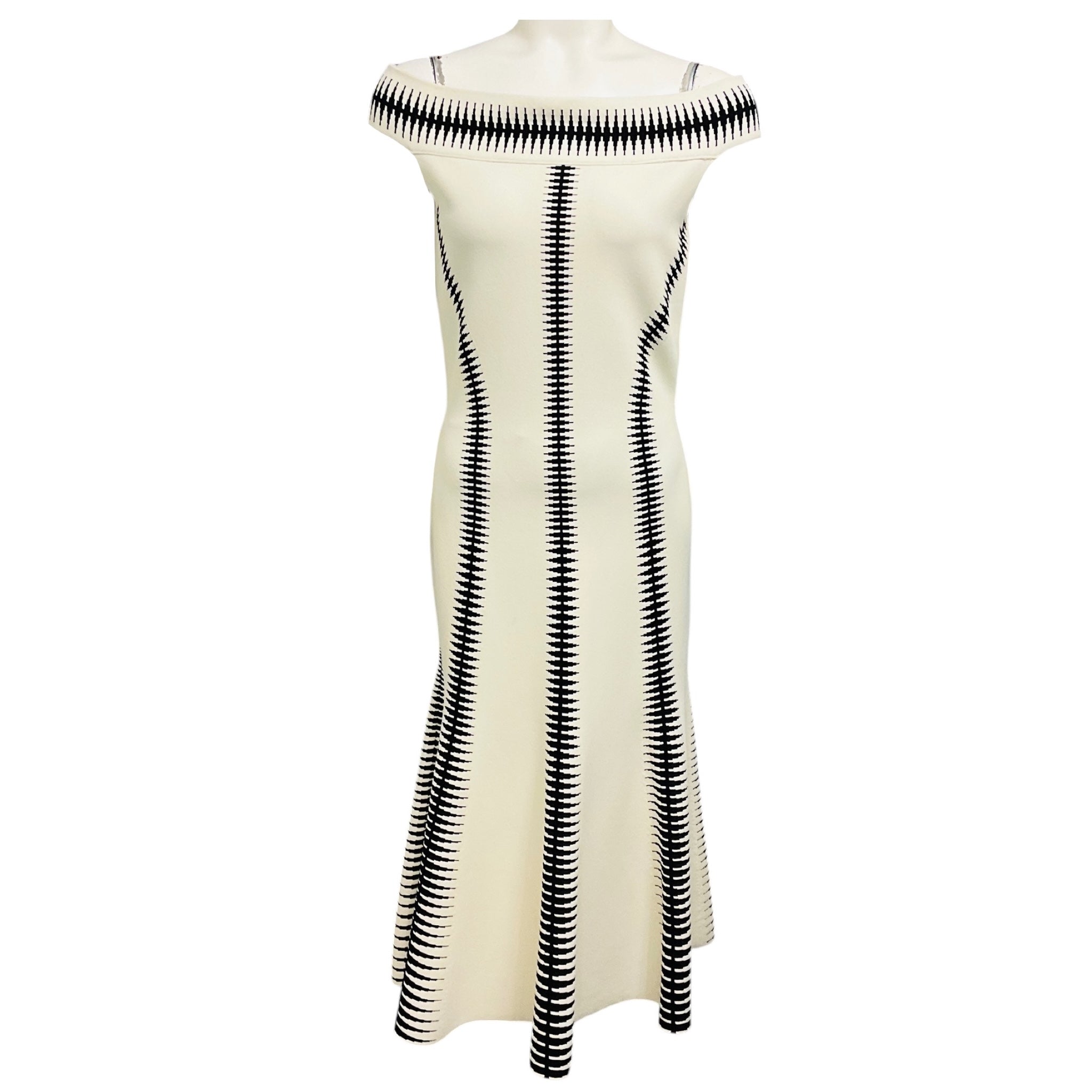Alexander McQueen Ivory / Black Off-the-Shoulder Fitted Flared Stretch Knit Midi Dress