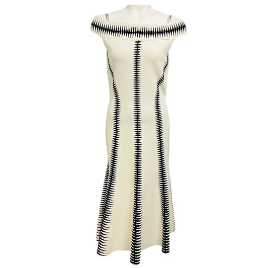 Alexander McQueen Ivory / Black Off-the-Shoulder Fitted Flared Stretch Knit Midi Dress
