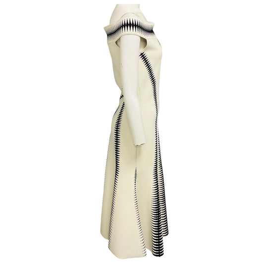 Alexander McQueen Ivory / Black Off-the-Shoulder Fitted Flared Stretch Knit Midi Dress