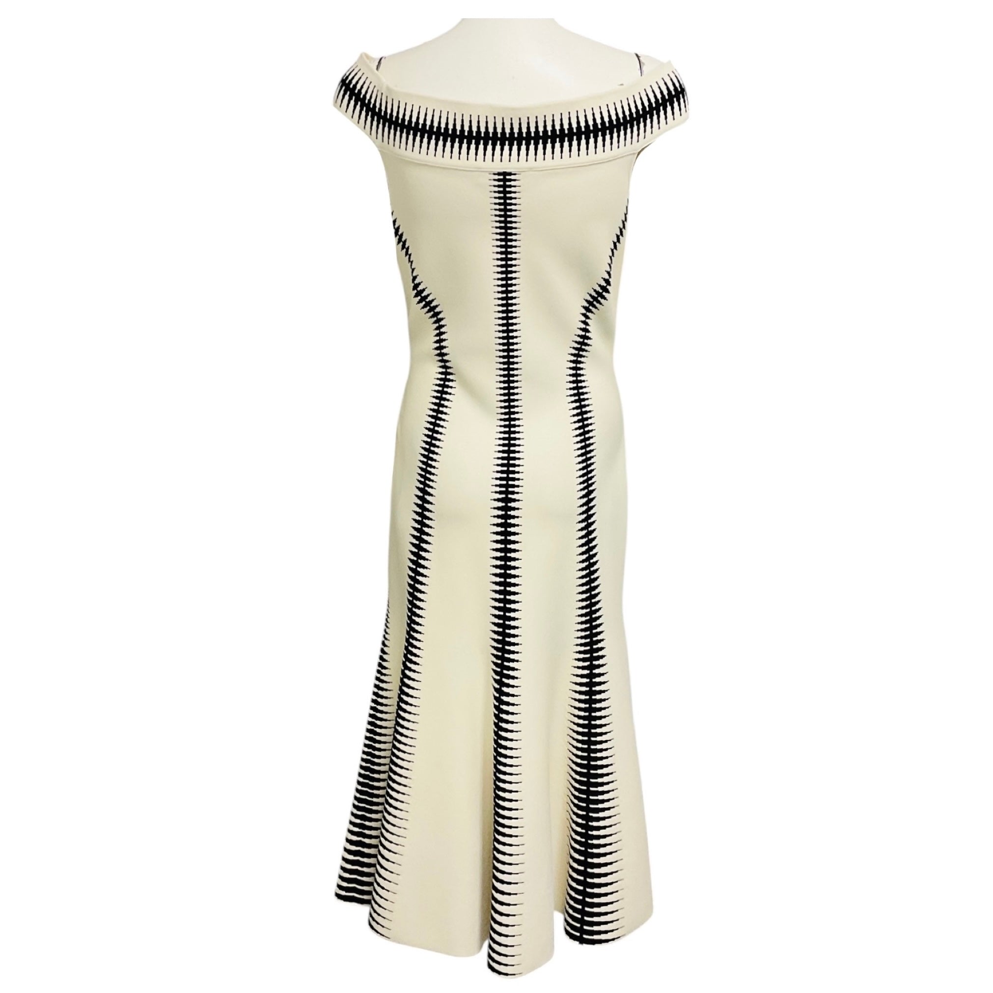 Alexander McQueen Ivory / Black Off-the-Shoulder Fitted Flared Stretch Knit Midi Dress