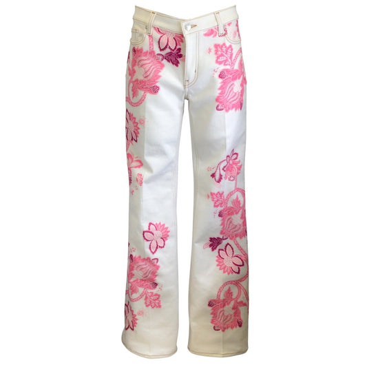 Etro White / Pink 2021 Paisley Printed Five Pocket Cotton Stretch Denim Bootcut Jeans