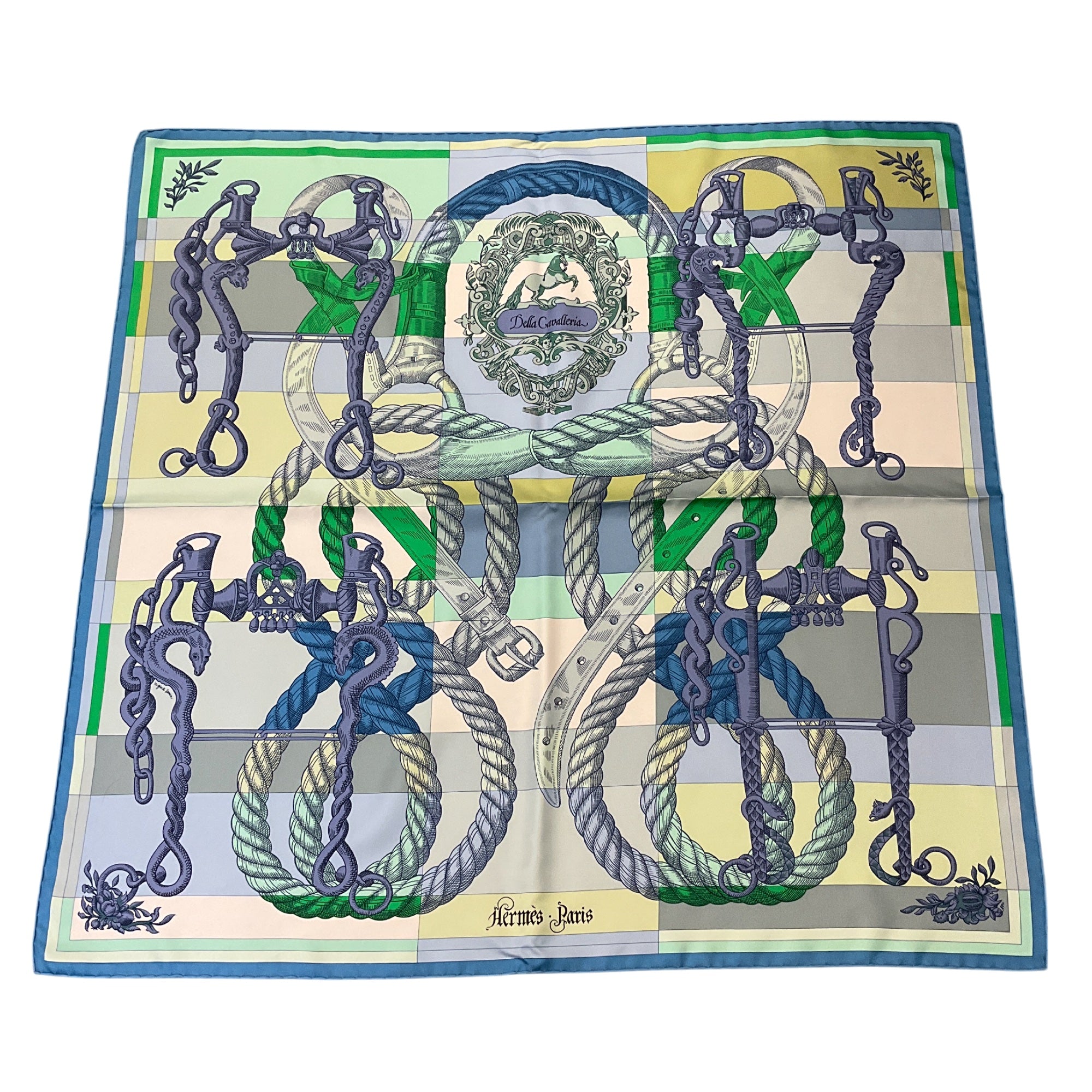 Hermes Blue / Green Multi Della Cavalleria Print Square Silk Twill Scarf