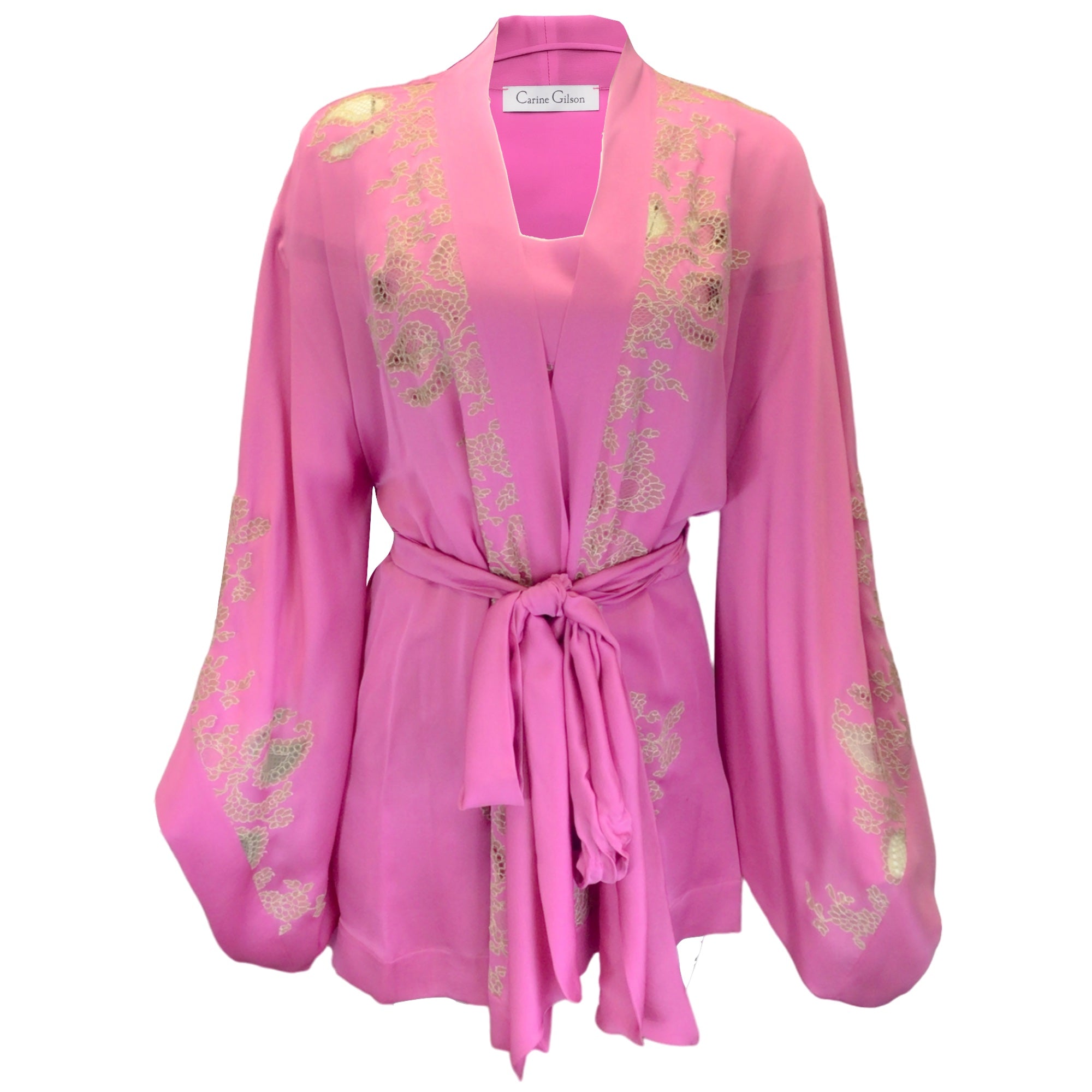 Carine Gilson Pink Lace Trimmed Belted Silk Robe and Camisole Two-Piece Set