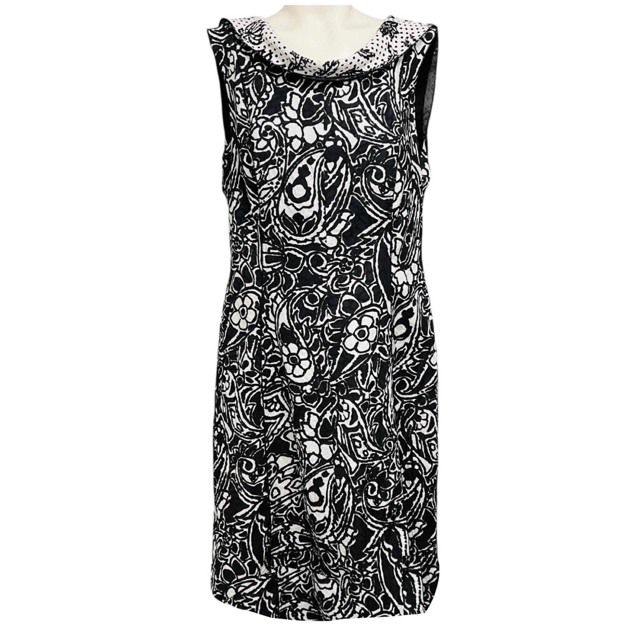 Oscar de la Renta Black / White Floral Patterned Textured Cowl Neck Midi Dress