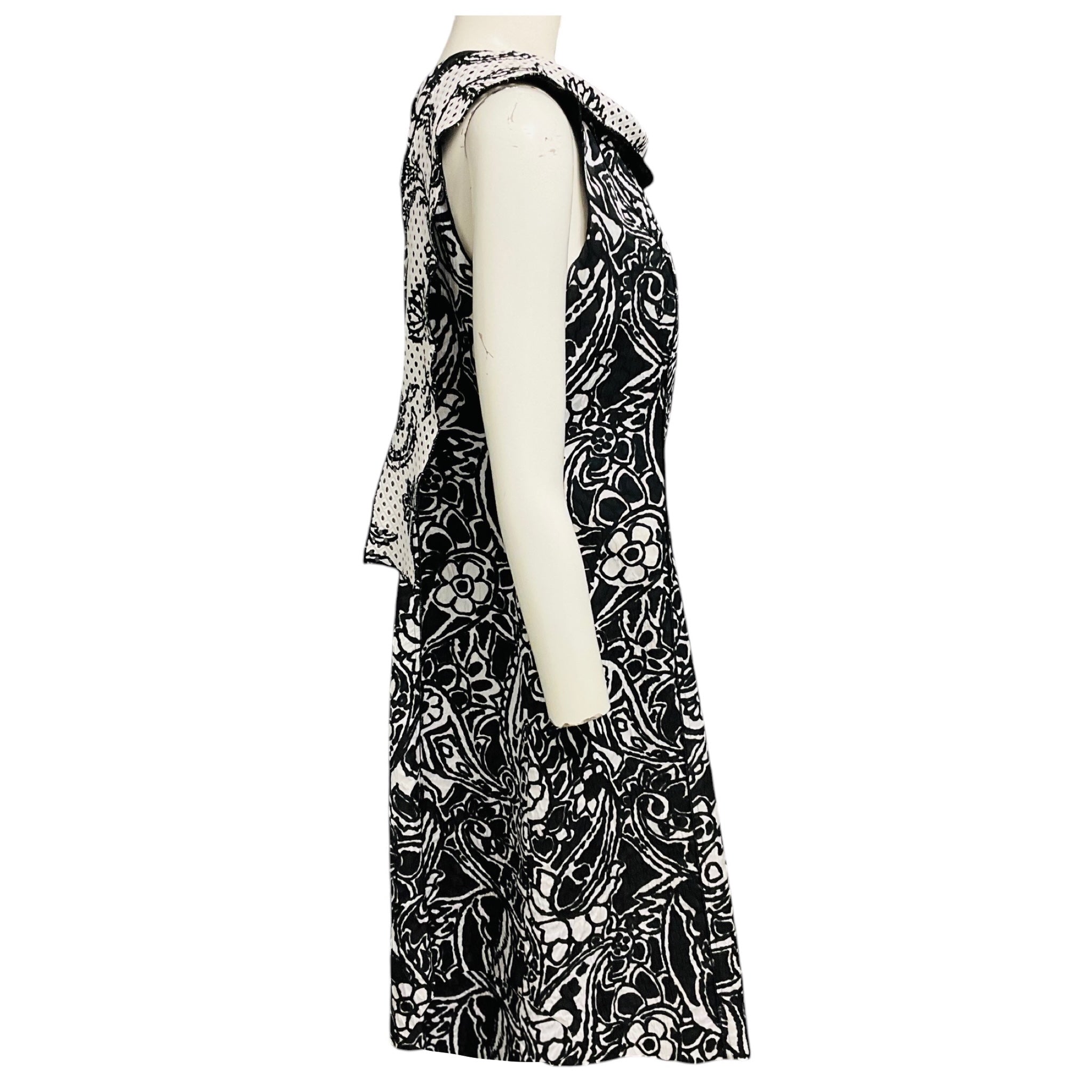 Oscar de la Renta Black / White Floral Patterned Textured Cowl Neck Midi Dress