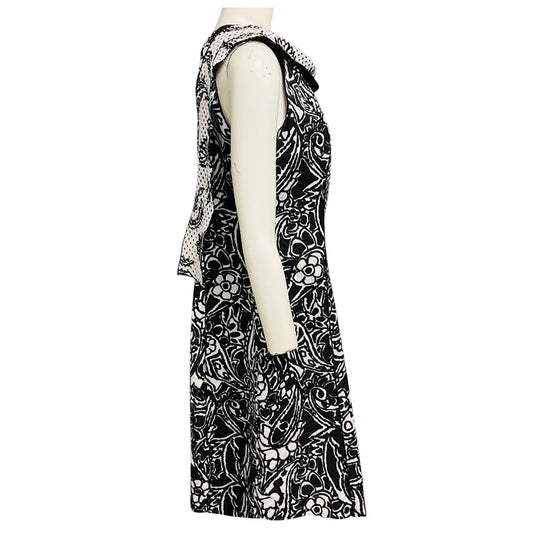 Oscar de la Renta Black / White Floral Patterned Textured Cowl Neck Midi Dress