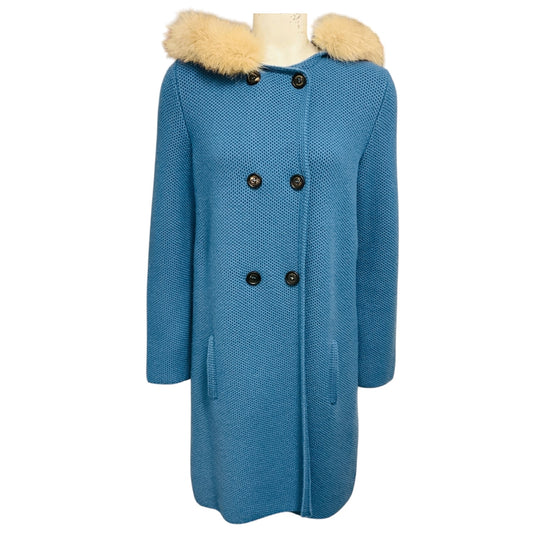 Barbara Lohmann Blue Hooded Button Front Cashmere Knit Long Cardigan Sweater with Fox Fur Trim
