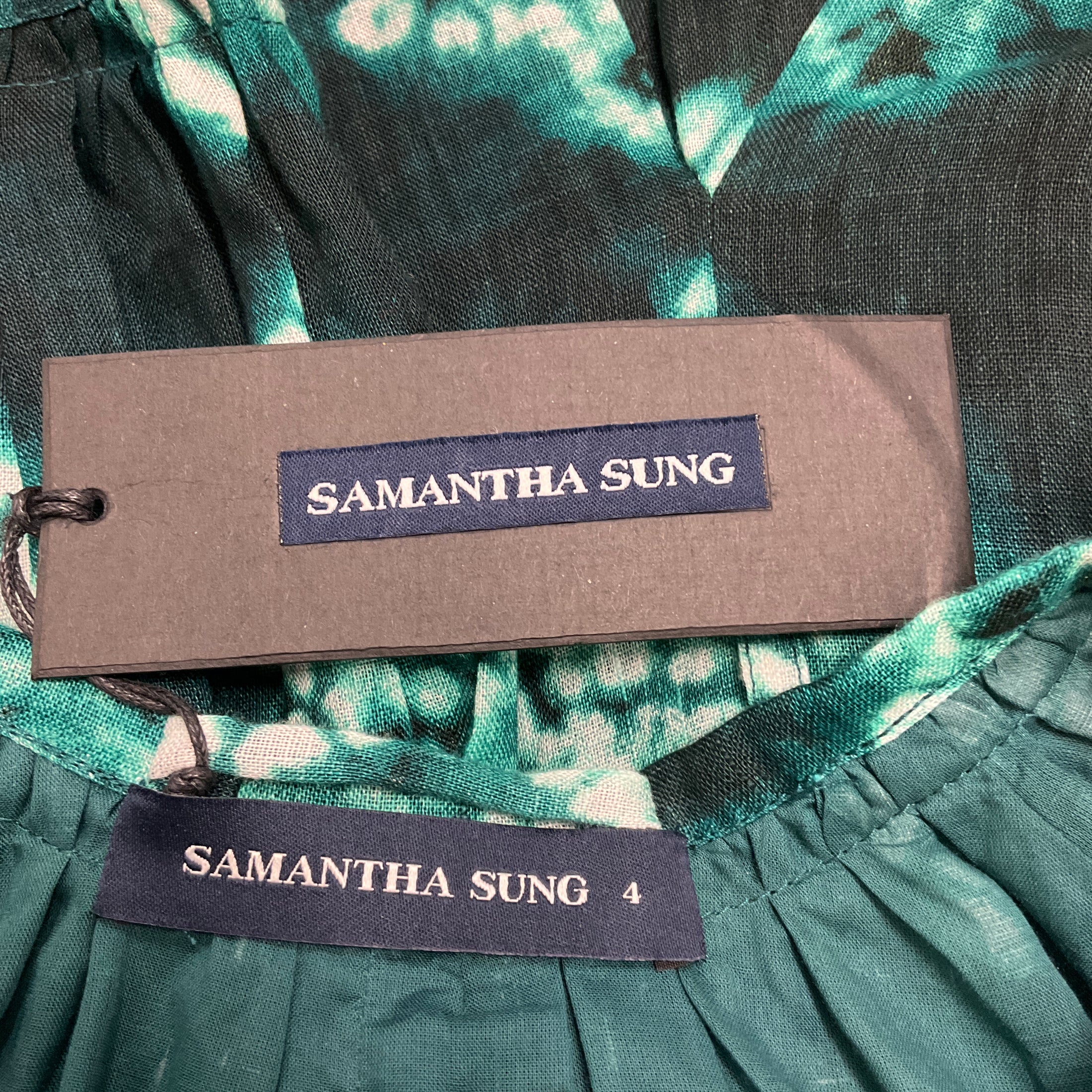 Samantha Sung Jade Shibori Star Linen 3/4 Puff Sleeve Crew Neck Mini Birdy Dress