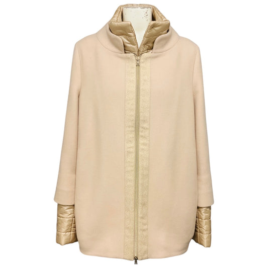 Herno Light Blush Pink / Champagne / Gold Metallic Trimmed Zip Front Wool Coat