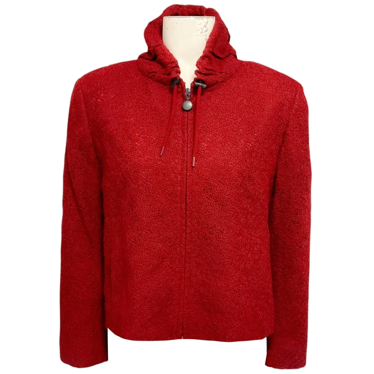 Akris Punto Red Zip Front Embroidered Crochet Wool Knit Jacket