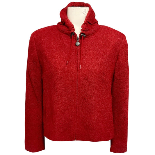Akris Punto Red Zip Front Embroidered Crochet Wool Knit Jacket