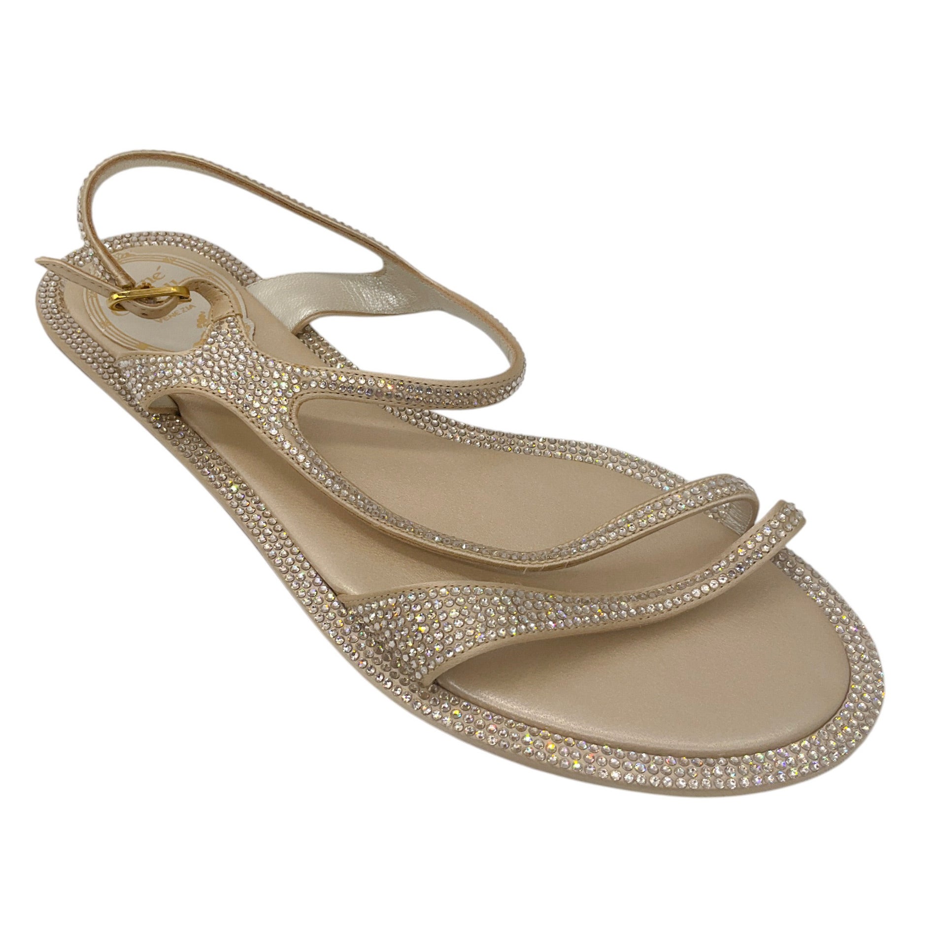 Rene Caovilla Champagne Metallic Crystal Embellished Ankle Strap Flat Sandals